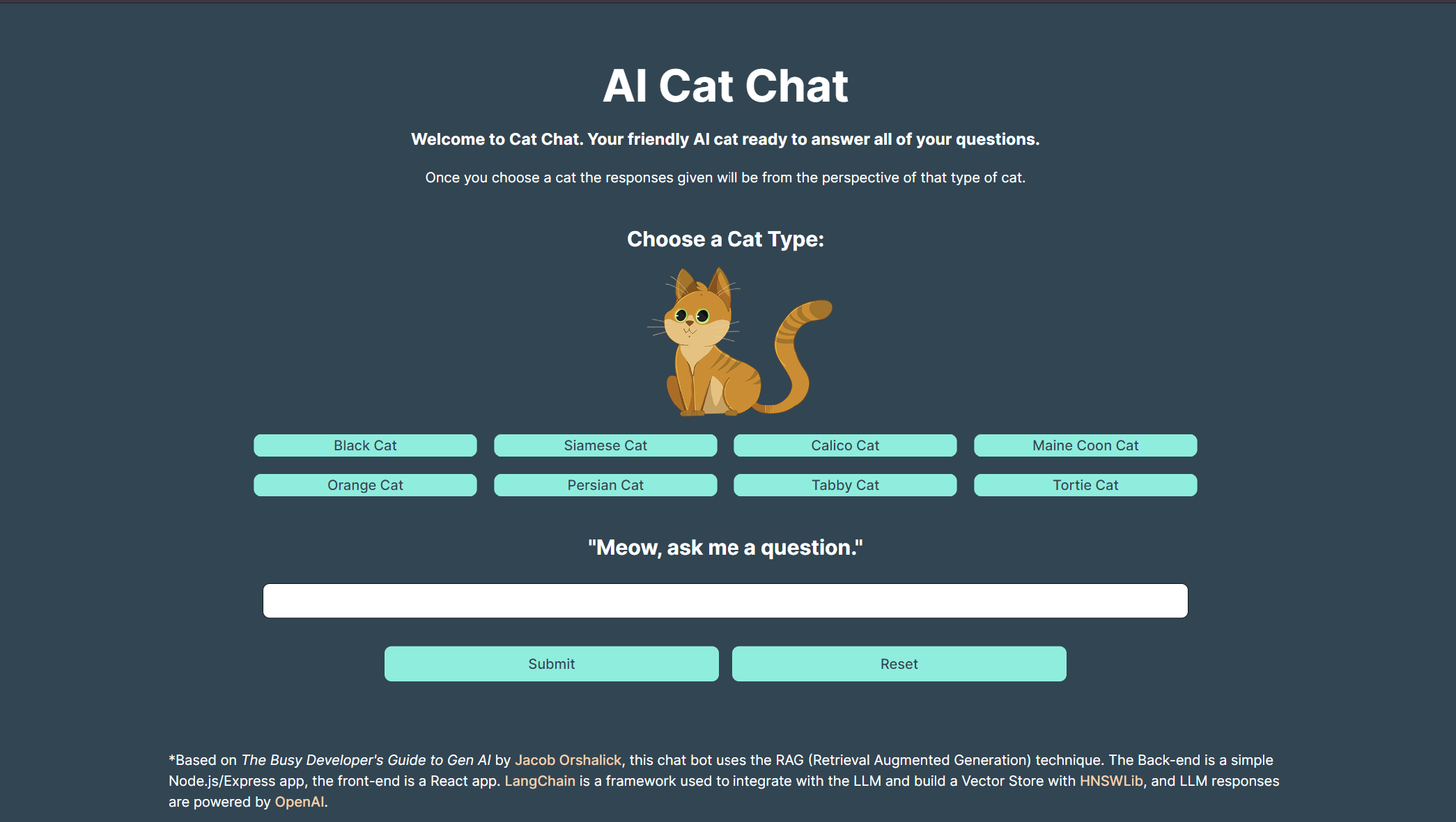 Screen shot of the AI Cat Chat Application