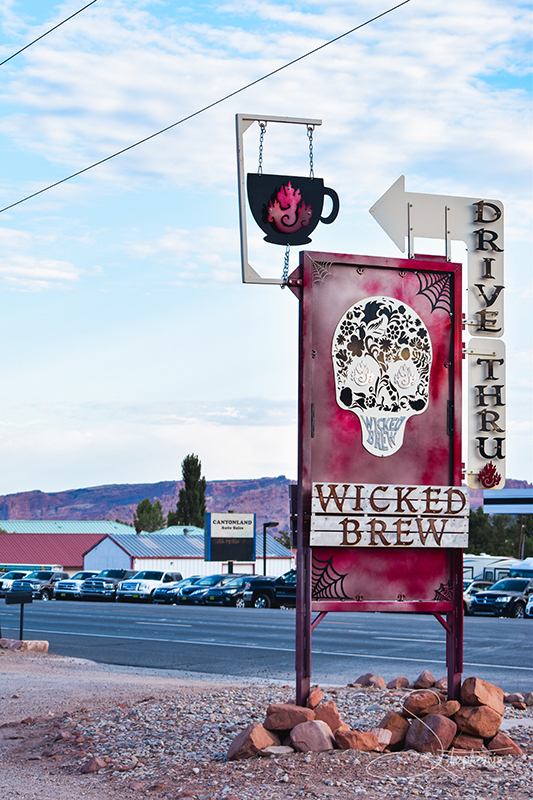 Sign for Wicked Brew Coffee, Moab, Utah.