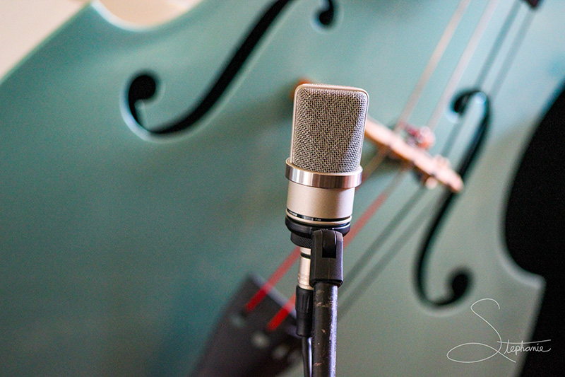 A photo of a microphone in front of a seafoam color stand up bass.